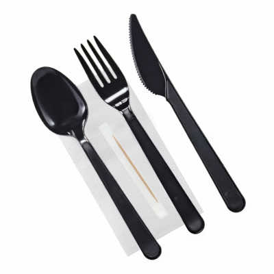 Набор-№5-(ложка+вилка+нож+зубочистка+салфетка)-черный-Премиум-ПС-ВЗЛП